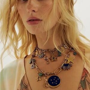 RARE Free People Stargirl Maxamillion Gold and Blue Celestial Charm Necklace